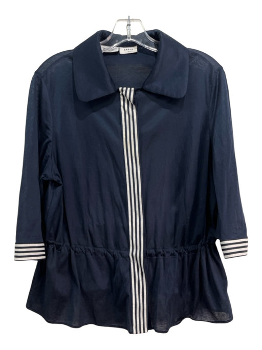 Akris Punto Size 14 Navy Blue Cotton Button Front Striped Collared Top Navy Blue / 14