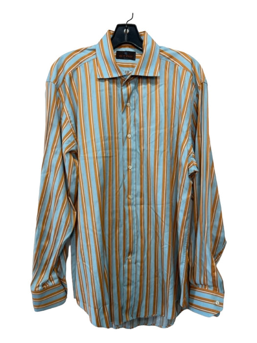 Etro Size 42 Light Blue & Orange Print Cotton Striped Men's Long Sleeve Shirt 42