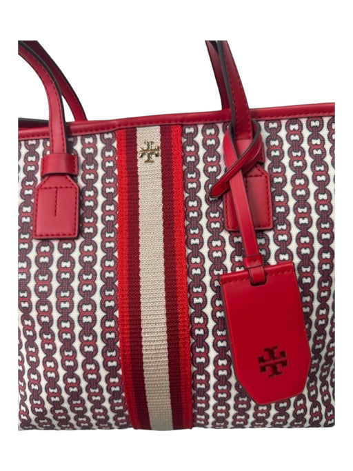 Tory Burch White Red & Navy Coated Canvas Chain Print Double Top Handle Bag White Red & Navy / S