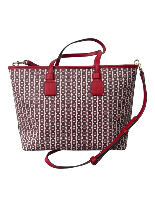 Tory Burch White Red & Navy Coated Canvas Chain Print Double Top Handle Bag White Red & Navy / S