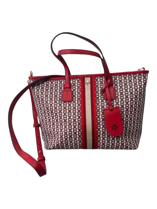 Tory Burch White Red & Navy Coated Canvas Chain Print Double Top Handle Bag White Red & Navy / S