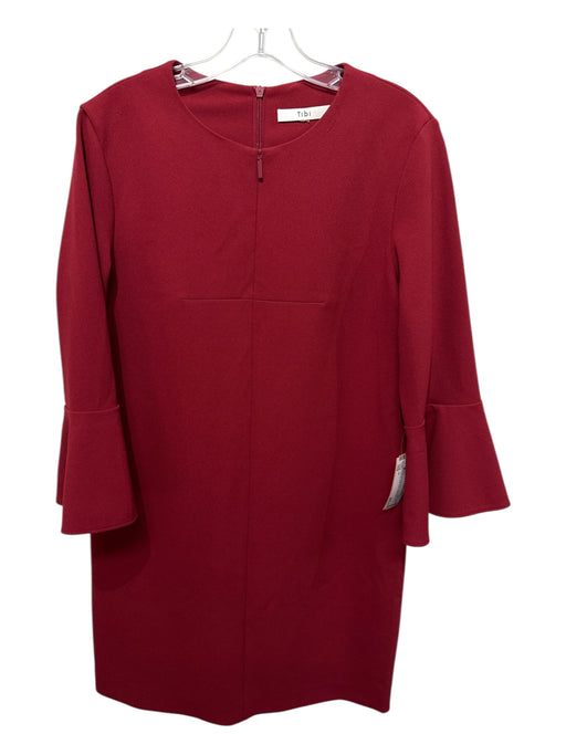 Tibi Blood Red Polyester Long Flare Sleeve Front Zip Shift Knee Dress Blood Red