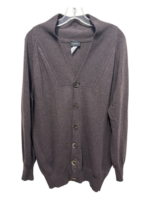 Hanro Size M Chocolate Brown Merino Wool Rib Knit Ribbed Neck Cardigan Sweater Chocolate Brown / M