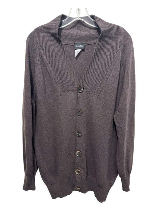 Hanro Size M Chocolate Brown Merino Wool Rib Knit Ribbed Neck Cardigan Sweater Chocolate Brown / M