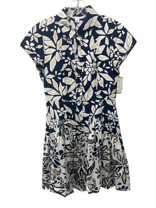 Diane Von Furstenberg Size 8 Navy Blue, White & Beige Cotton Cap Sleeve Dress Navy Blue, White & Beige / 8