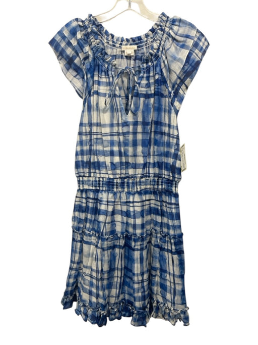 Shoshanna Size 8 Blue & White Linen Blend Abstract Plaid Cap Sleeve Dress Blue & White / 8