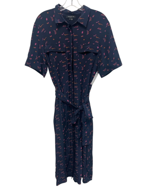 Lafayette 148 Size L Navy Blue, Pink, Orange Silk Squiggles Short Sleeve Dress Navy Blue, Pink, Orange / L
