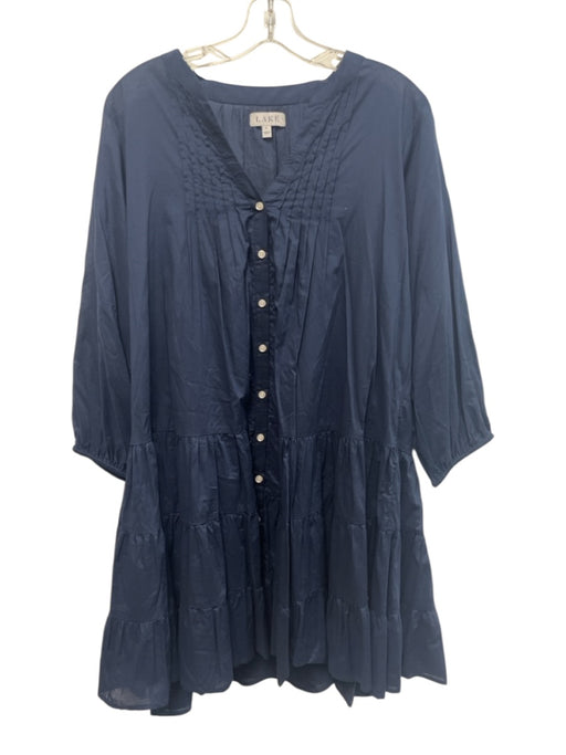 Lake Size L Navy Blue Cotton 3/4 Sleeve Button Front Pleat Detail Tiered Dress Navy Blue / L