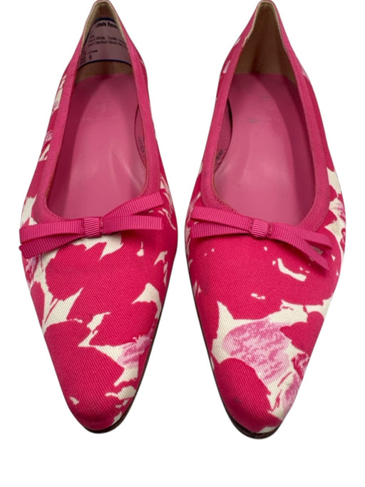 J Crew Shoe Size 6 Pink & White Textile Grosgrain Bow Pointed Toe Flats Pink & White / 6