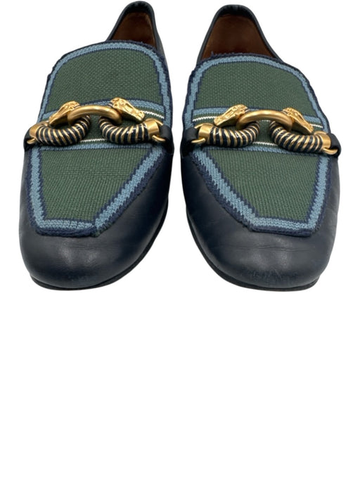 Tory Burch Shoe Size 6.5 Navy blue & green Leather & Textile Gold Buckle Loafers Navy blue & green / 6.5