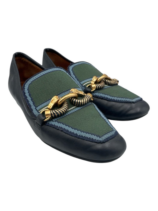Tory Burch Shoe Size 6.5 Navy blue & green Leather & Textile Gold Buckle Loafers Navy blue & green / 6.5