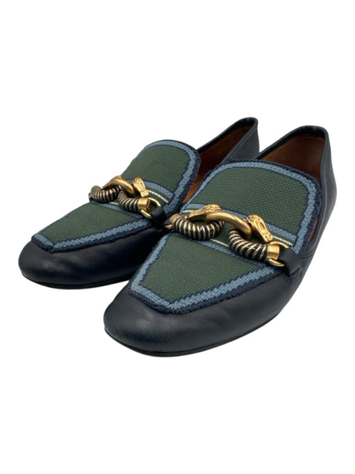 Tory Burch Shoe Size 6.5 Navy blue & green Leather & Textile Gold Buckle Loafers Navy blue & green / 6.5