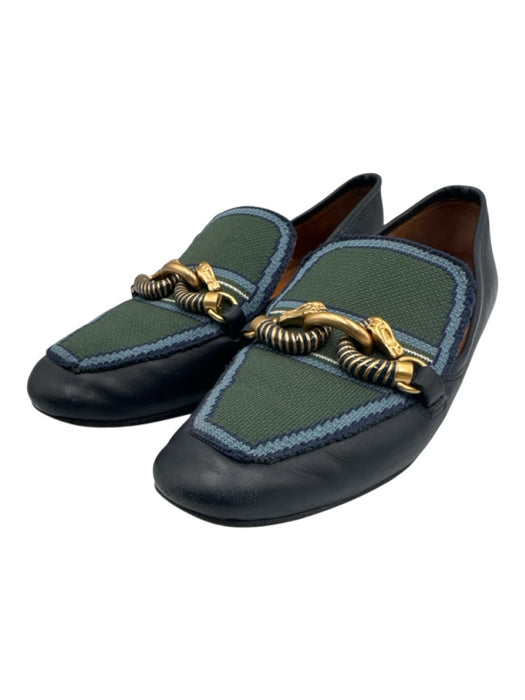 Tory Burch Shoe Size 6.5 Navy blue & green Leather & Textile Gold Buckle Loafers Navy blue & green / 6.5