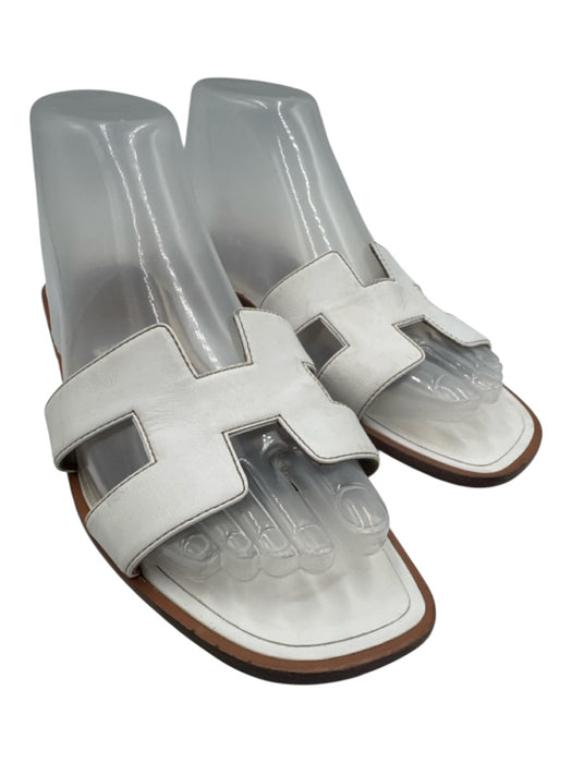 Hermes Shoe Size 38.5 White & Brown Leather Square Toe Slip On H Logo Sandals White & Brown / 38.5