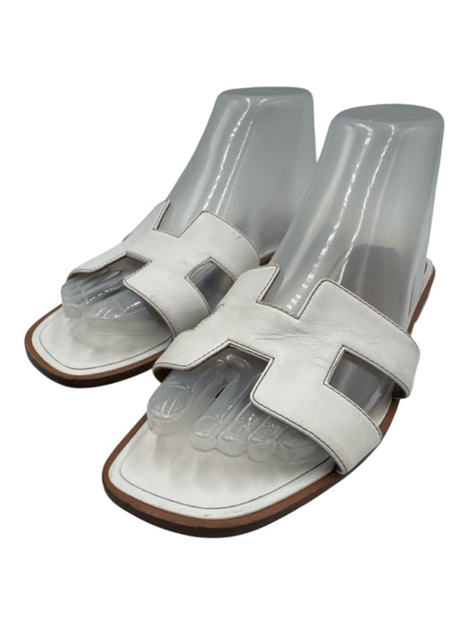 Hermes Shoe Size 38.5 White & Brown Leather Square Toe Slip On H Logo Sandals White & Brown / 38.5