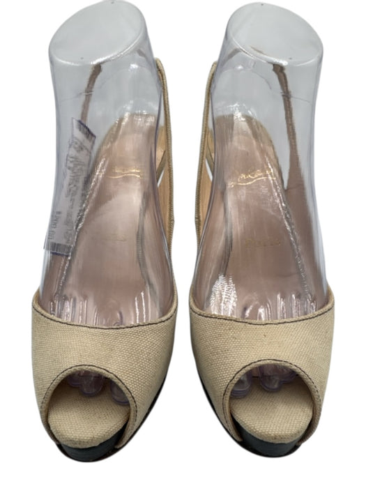 Christian Louboutin Shoe Size 37.5 Nude Beige Canvas Peep Toe Slingback Pumps Nude Beige / 37.5