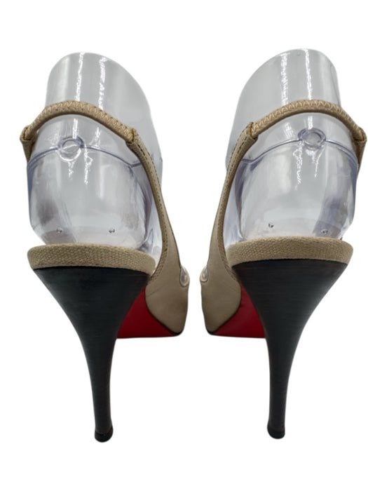 Christian Louboutin Shoe Size 37.5 Nude Beige Canvas Peep Toe Slingback Pumps Nude Beige / 37.5