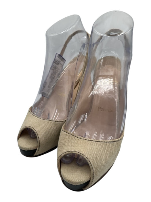 Christian Louboutin Shoe Size 37.5 Nude Beige Canvas Peep Toe Slingback Pumps Nude Beige / 37.5