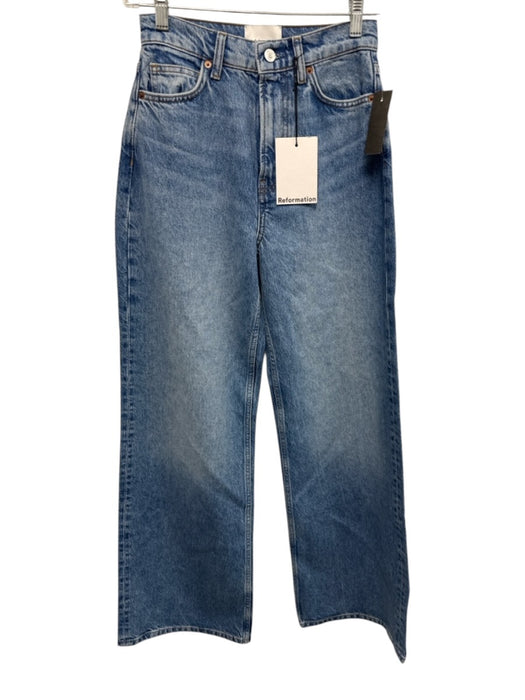 Reformation Size 23 Medium Wash Cotton Denim High Rise Whiskering Wide Leg Jeans Medium Wash / 23