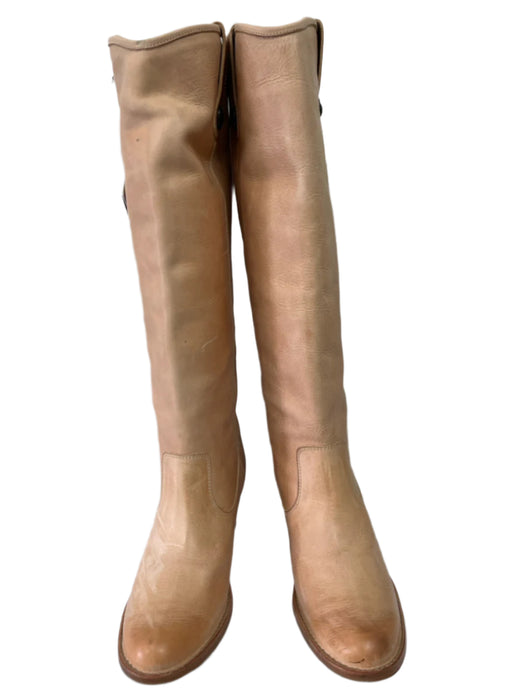 Frye Shoe Size 7 Light Bronze Leather Stacked Almond Toe Knee High Boots