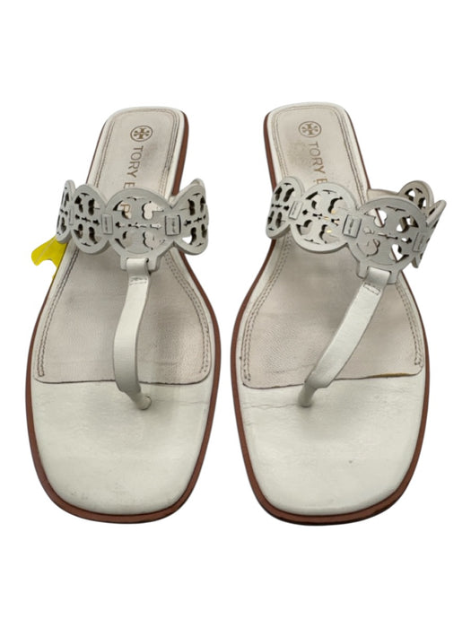 Tory Burch Shoe Size 9.5 White Leather Thong Strap Logo Square Toe Sandals White / 9.5
