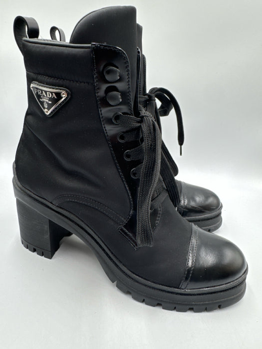 Prada Shoe Size 39.5 Black Nylon Leather Triangle Logo Block Heel Combat Boots