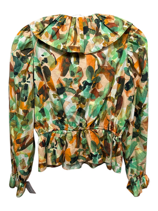 Marie Oliver Size XS Green, Orange & multi Cotton V Neck Ruffle Detail Top Green, Orange & multi / XS