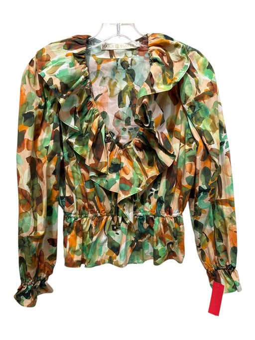 Marie Oliver Size XS Green, Orange & multi Cotton V Neck Ruffle Detail Top Green, Orange & multi / XS