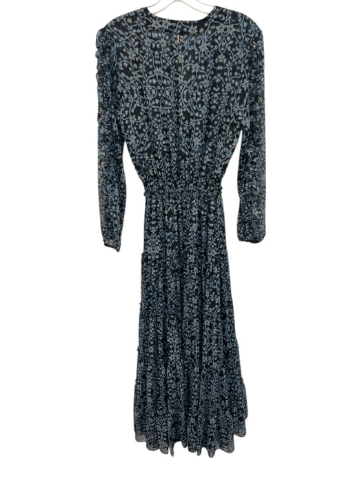 Misa Size XS Blue & Black Polyester Blend Long Sleeve Floral Ruffles Maxi Dress Blue & Black / XS