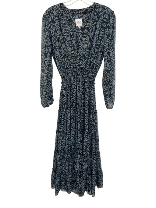 Misa Size XS Blue & Black Polyester Blend Long Sleeve Floral Ruffles Maxi Dress Blue & Black / XS