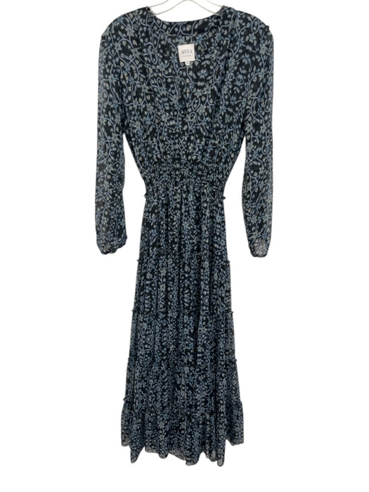 Misa Size XS Blue & Black Polyester Blend Long Sleeve Floral Ruffles Maxi Dress Blue & Black / XS