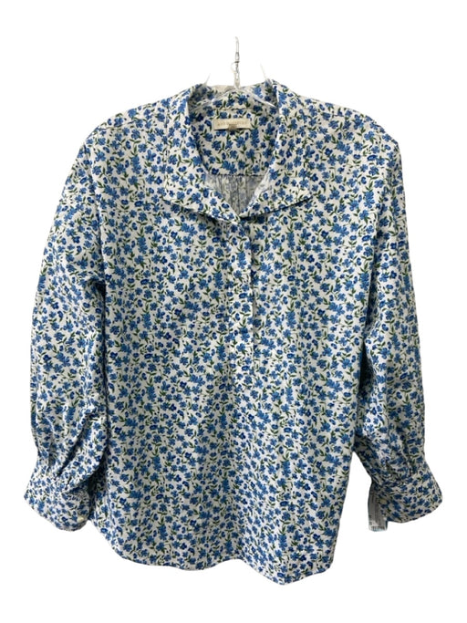 Ann Mashburn Size S Blue & White Cotton Floral Collared Quarter Button Top Blue & White / S