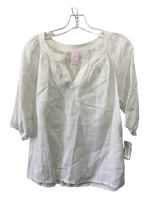 Ann Mashburn Size S White Linen V Neck Short Sleeve Elastic Cuff Semi Sheer Top White / S