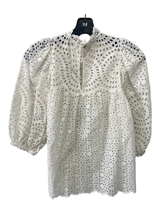 Ulla Johnson Size 4 White Cotton Perforated Back Button Short Puff Sleeve Top White / 4