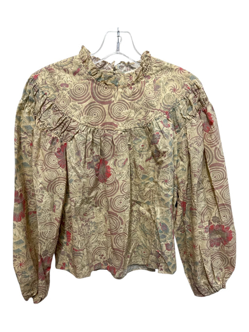 Ulla Johnson Size 4 Pale Yellow, Coral & Multi Cotton Long Balloon Sleeve Top Pale Yellow, Coral & Multi / 4