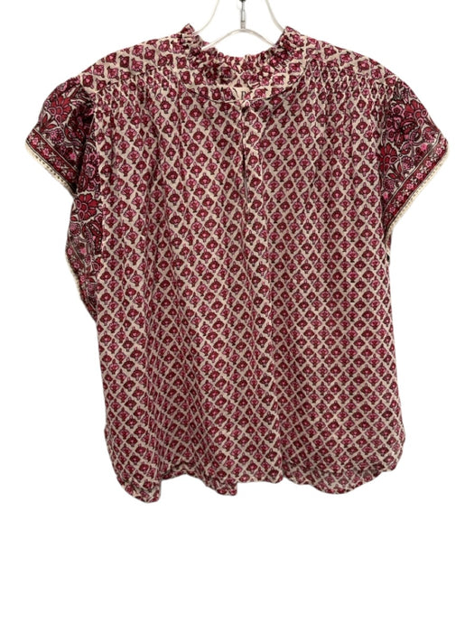 M.A.B.E Size L Pink & White Cotton Cap Sleeve All Over Print Split Neck Top Pink & White / L