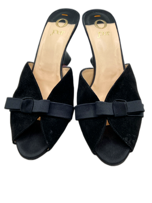 O Jour Shoe Size 39.5 Black Suede Ribbon Detail Peep Toe Stacked Heel Mules Black / 39.5