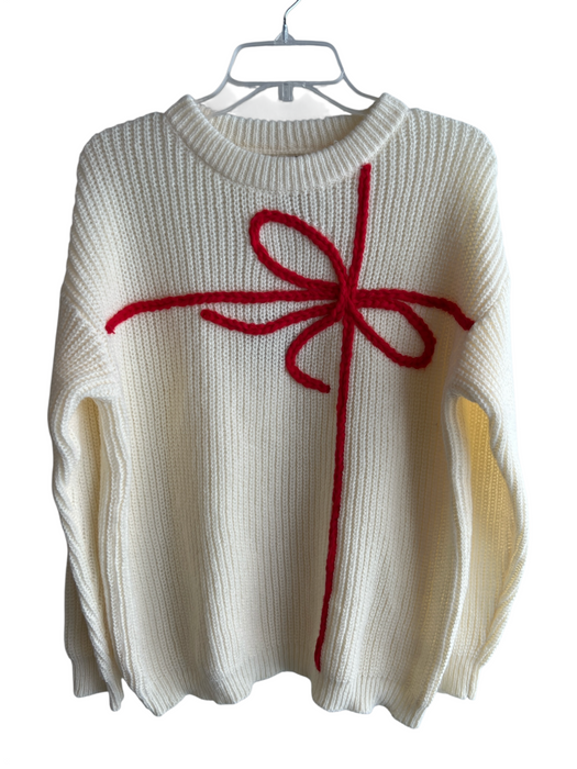 Bibi Size Medium Ivory & Red Polyester Ribbed Long Sleeve Crew Neck Sweater Ivory & Red / Medium