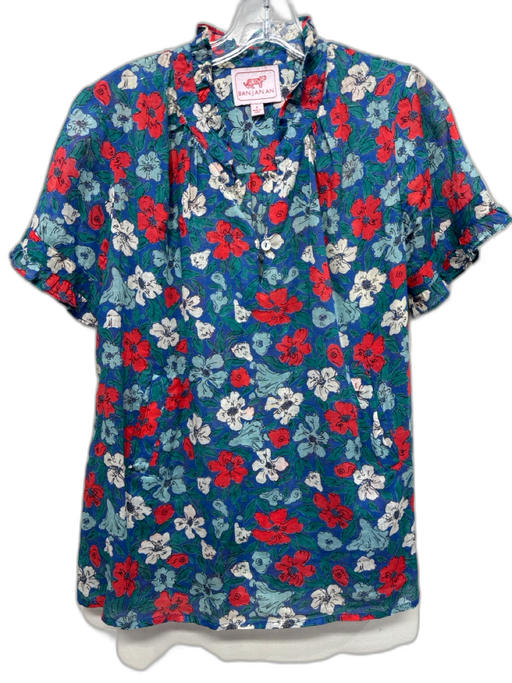 Banjanan Size S Blue, Green, Red Cotton Short Sleeve Floral keyhole front Top Blue, Green, Red / S