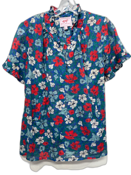 Banjanan Size S Blue, Green, Red Cotton Short Sleeve Floral keyhole front Top Blue, Green, Red / S