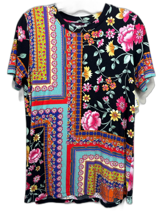 Johnny Was Size XS Black & Multi Viscose Short Sleeve Floral Pattern T Shirt Top Black & Multi / XS