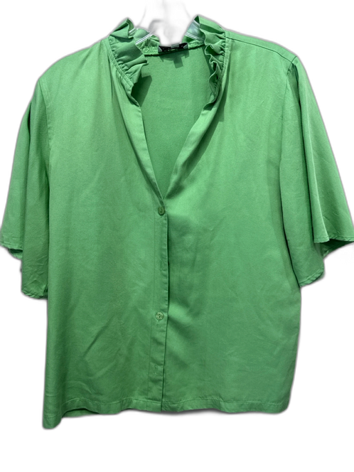S'edge Size S Green Tencel Half Sleeve Button Up Ruffle collar Top Green / S