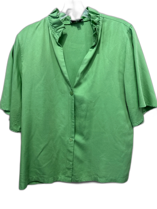 S'edge Size S Green Tencel Half Sleeve Button Up Ruffle collar Top Green / S