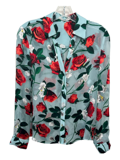 Alice + Olivia Size S/P Aqua & Multi Viscose & Silk floral print Button Up Top Aqua & Multi / S/P