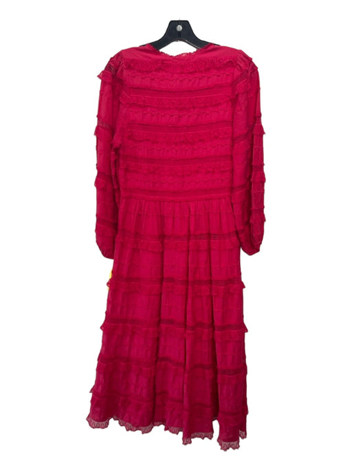 Ulla Johnson Size 4 Magenta Cotton & Viscose Blend V Neck Lace Tiered Dress Magenta / 4