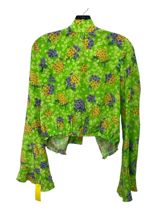 Alex Gaines Size XS Lime Green & Multi Silk floral print Tie Neck Blouse Top Lime Green & Multi / XS