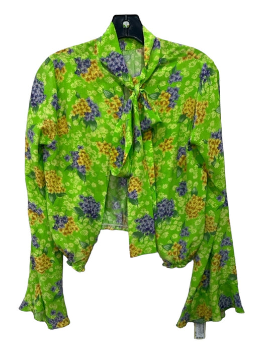 Alex Gaines Size XS Lime Green & Multi Silk floral print Tie Neck Blouse Top Lime Green & Multi / XS