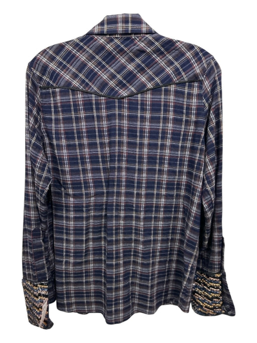 Le Superbe Size 4 Navy & Red Print Viscose Plaid Snaps Beaded Sleeves Top Navy & Red Print / 4