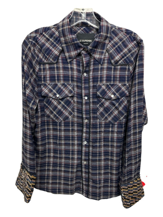 Le Superbe Size 4 Navy & Red Print Viscose Plaid Snaps Beaded Sleeves Top Navy & Red Print / 4