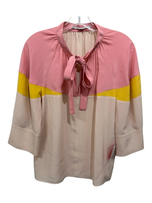 Stella McCartney Size 38 Pink & Yellow Silk V Neck color block Tie Neck Top Pink & Yellow / 38
